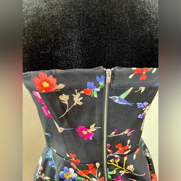 Express Black strapless fit and flare floral satin feel dress zipper back 4 EUC - Picture 6 of 10